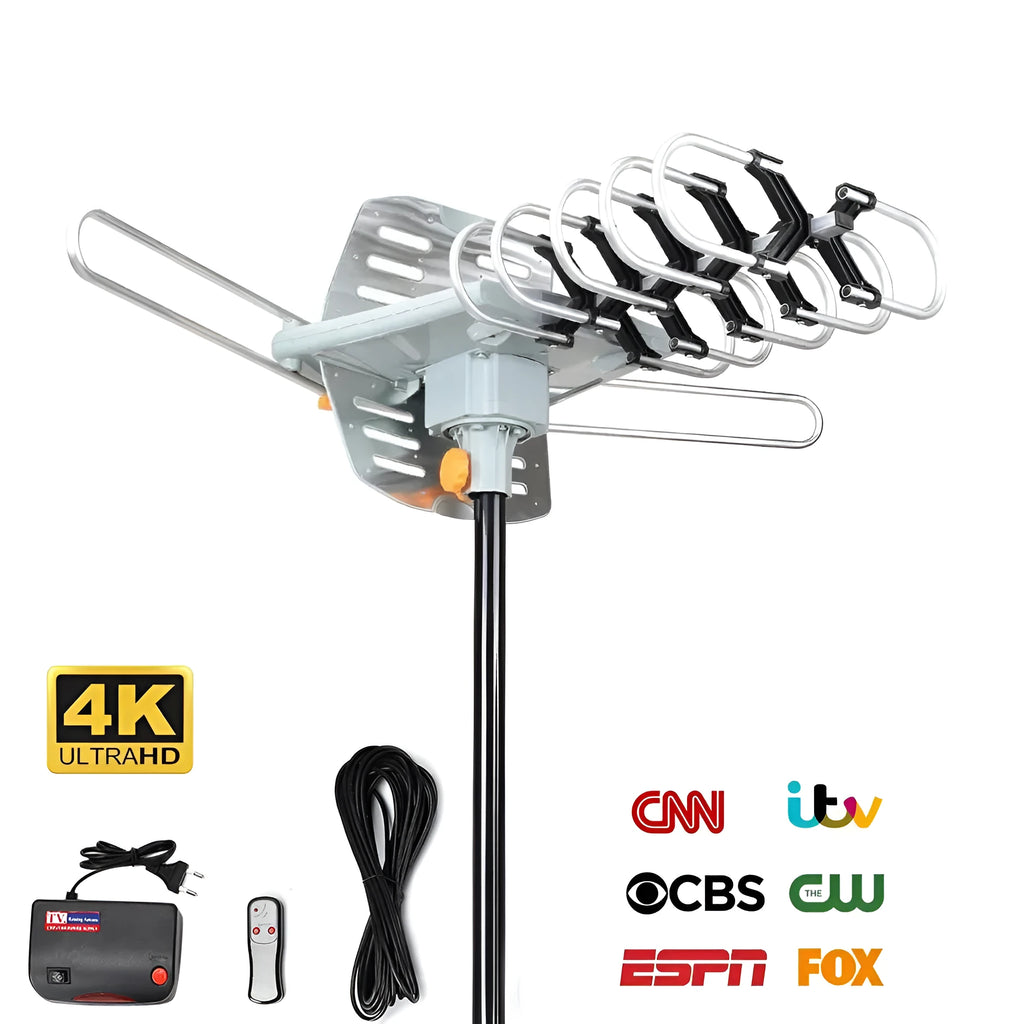GR-1002 outdoor rotatable high gain digital television antenna receiver on mounting pole.