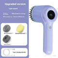 USB rechargeable electric cleaning brush in light grey or purple with multiple cleaning heads