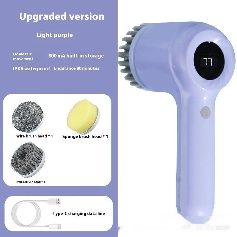 USB rechargeable electric cleaning brush in light grey or purple with multiple cleaning heads