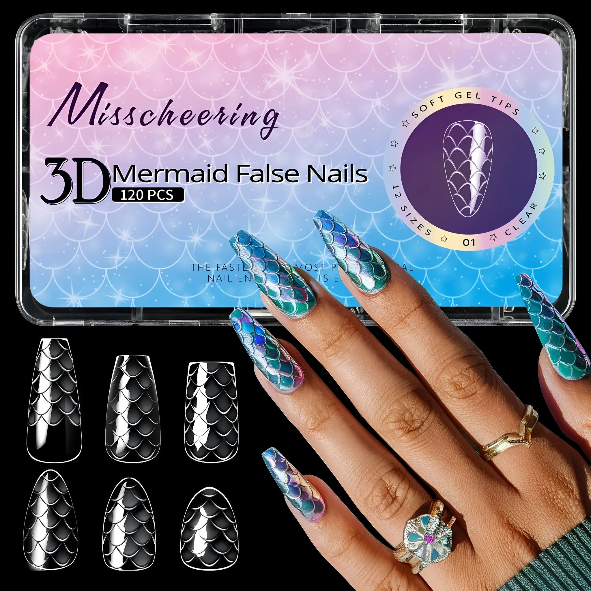 Pack of 3D scale texture long artificial nail tips with deep C-Cut, shown in Frigate Box colour options.