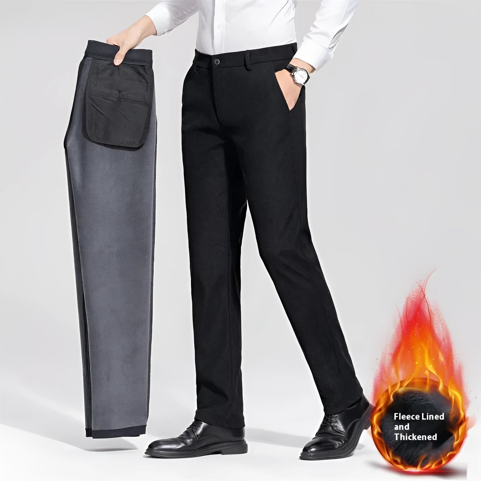 Men's fleece-lined casual trousers in black, thickened for winter, mid waist zip fly, size 34