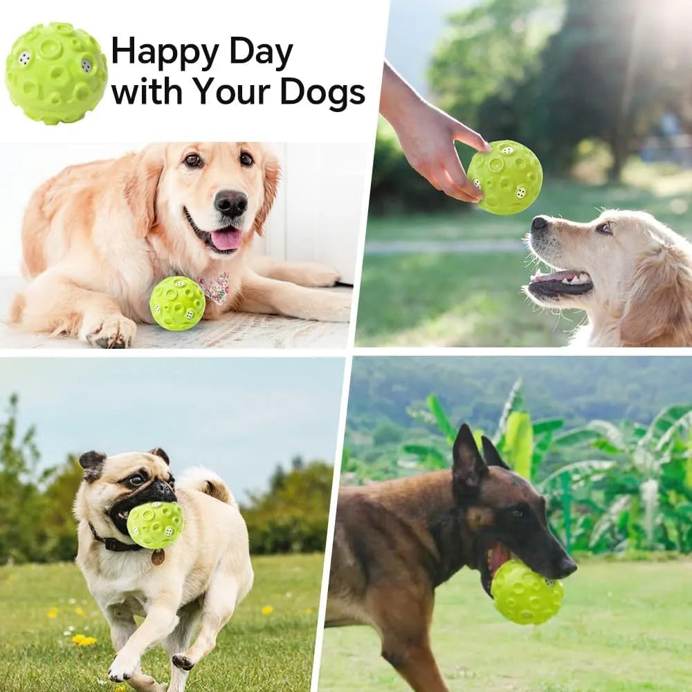 Colourful dog toy ball with textured meteorite bumps for teeth cleaning and squeaky sound