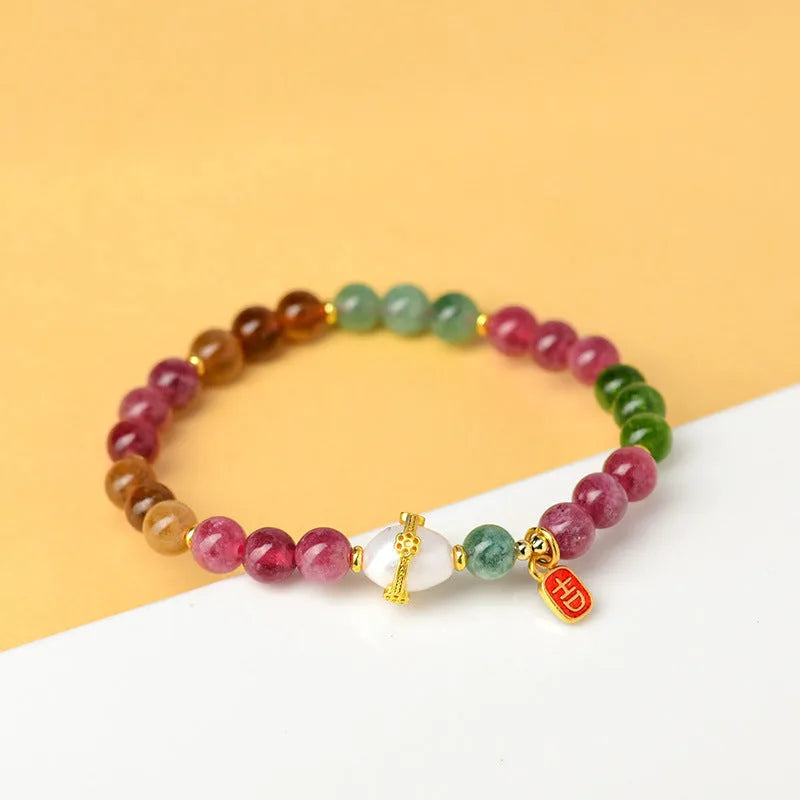 Geometric natural crystal bracelet with tourmaline and chalcedony 6.5mm beads