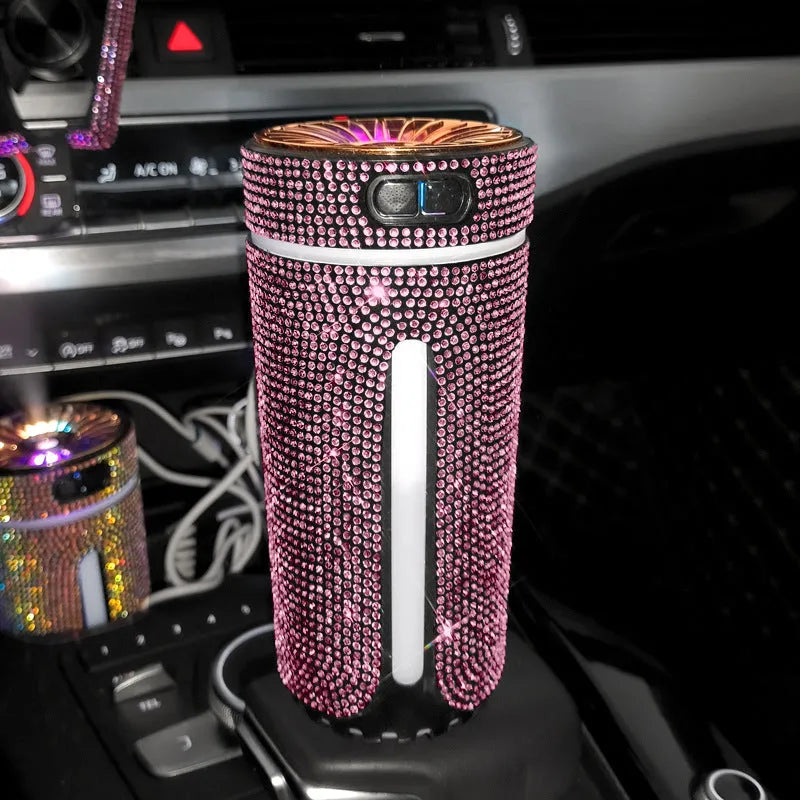 Rhinestone car humidifier with colourful LED lights, 15cm portable design for auto aromatherapy