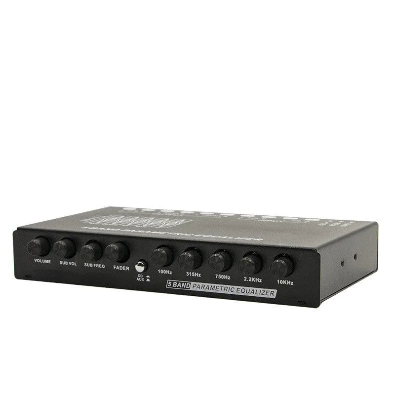 Black car audio equaliser amplifier with frequency control knobs and compact 18.5cm design