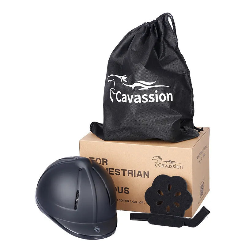 Black adjustable equestrian helmet for head protection in riding and cycling