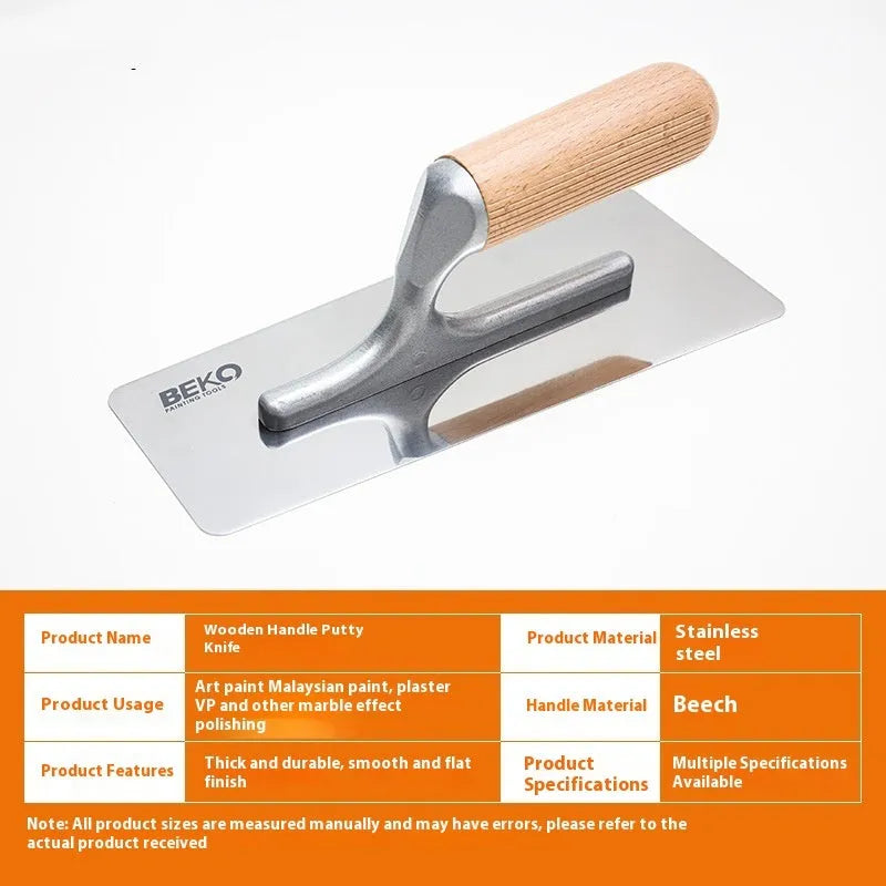 Stainless steel putty scraper with wooden handle in three size styles for cement and wall work