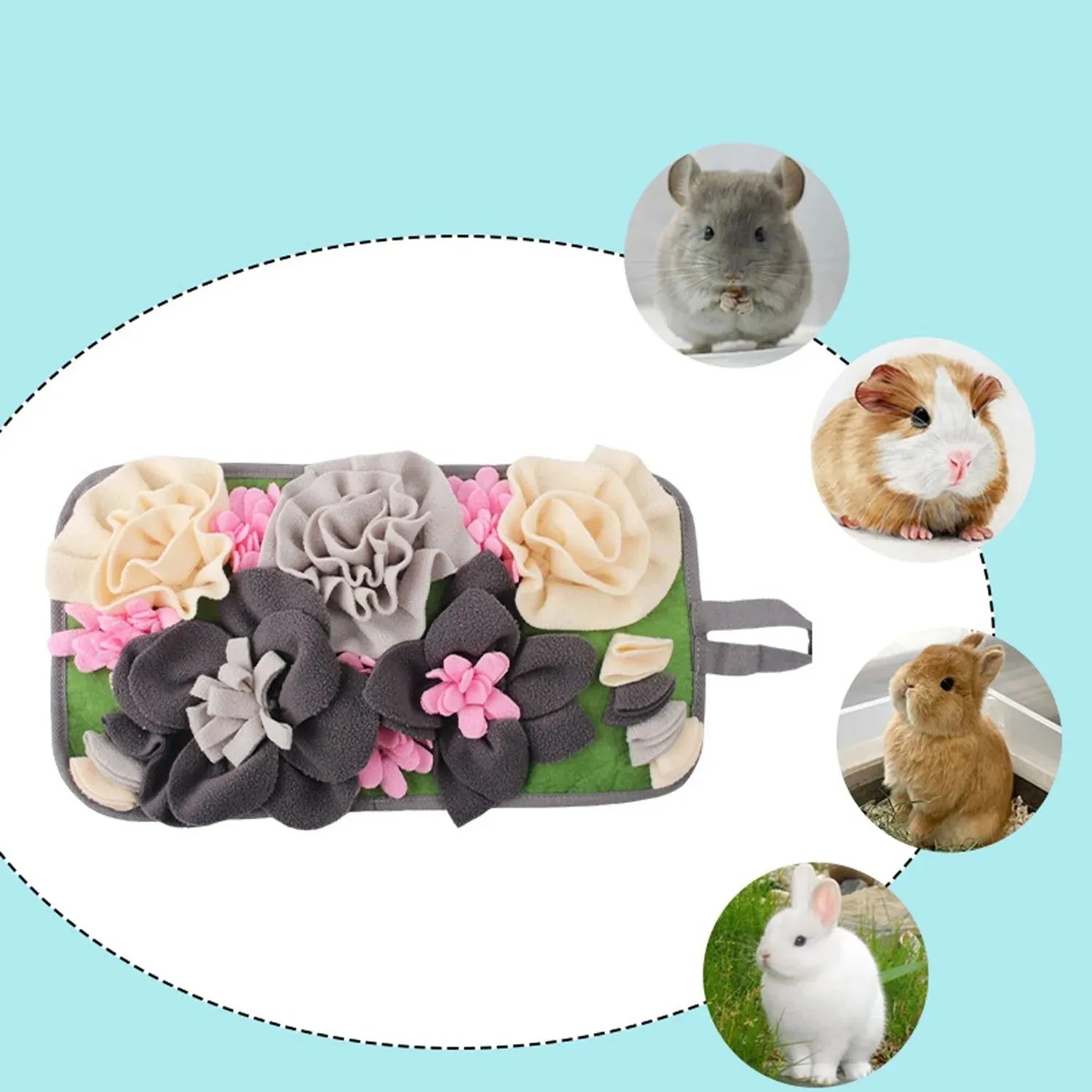 Grey Totoro-themed rabbit guinea pig foraging mat with square design and garden smelling elements