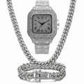 Roman numeral quartz watch with black mesh band, matching bracelet and necklace set in gold tone