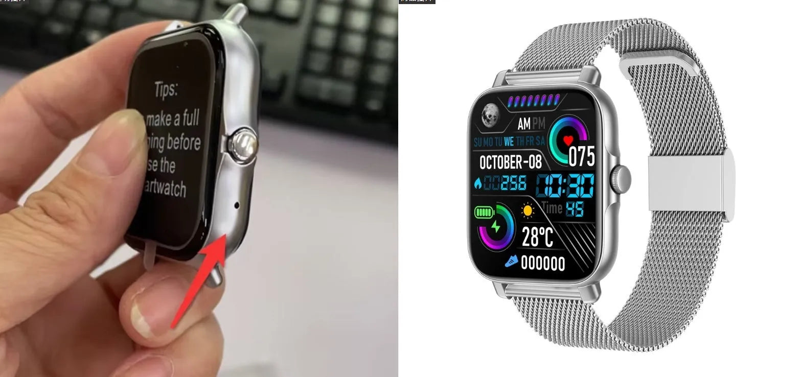 Magnetic Charging Smartwatch Sports Model with aluminium alloy watchcase in silver steel finish on wrist showing Bluetooth calling and touch operation
