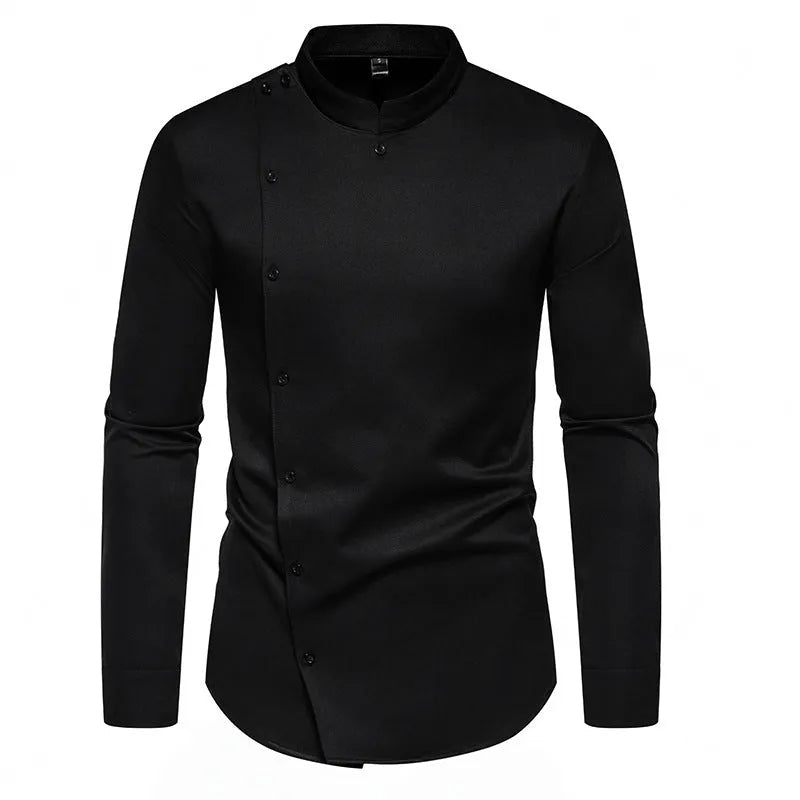 Men's long sleeve stand collar work shirt solid colour polyester blend loose fit black