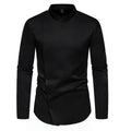 Men's long sleeve stand collar work shirt solid colour polyester blend loose fit black