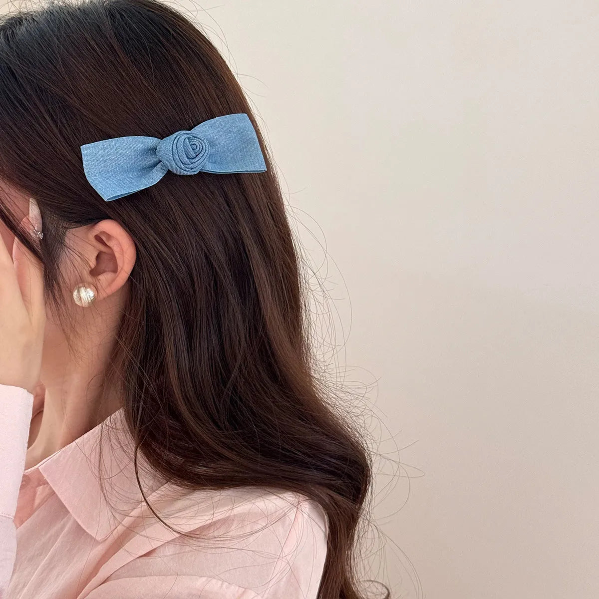 Hand-made pastoral cloth barrettes with beige lace and blue bow designs for women's hair