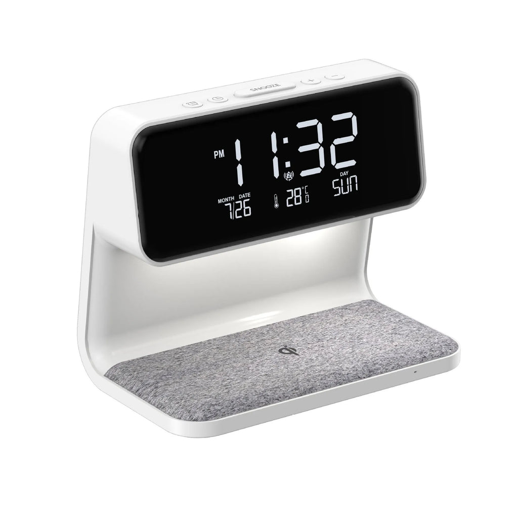 White 3-in-1 bedside lamp with wireless charging pad, LCD clock screen, and fabric-effect ABS shade.