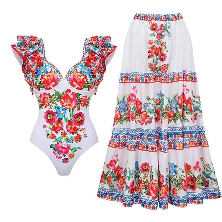 Women's printed polyester one-piece swimsuit with skirt in blue, pink, white or red designs.