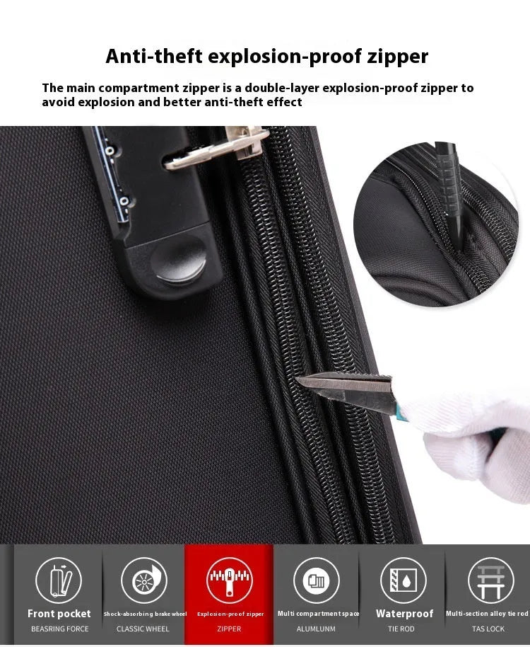 Black 18 inch Oxford cloth business suitcase with telescopic handle and wheels.