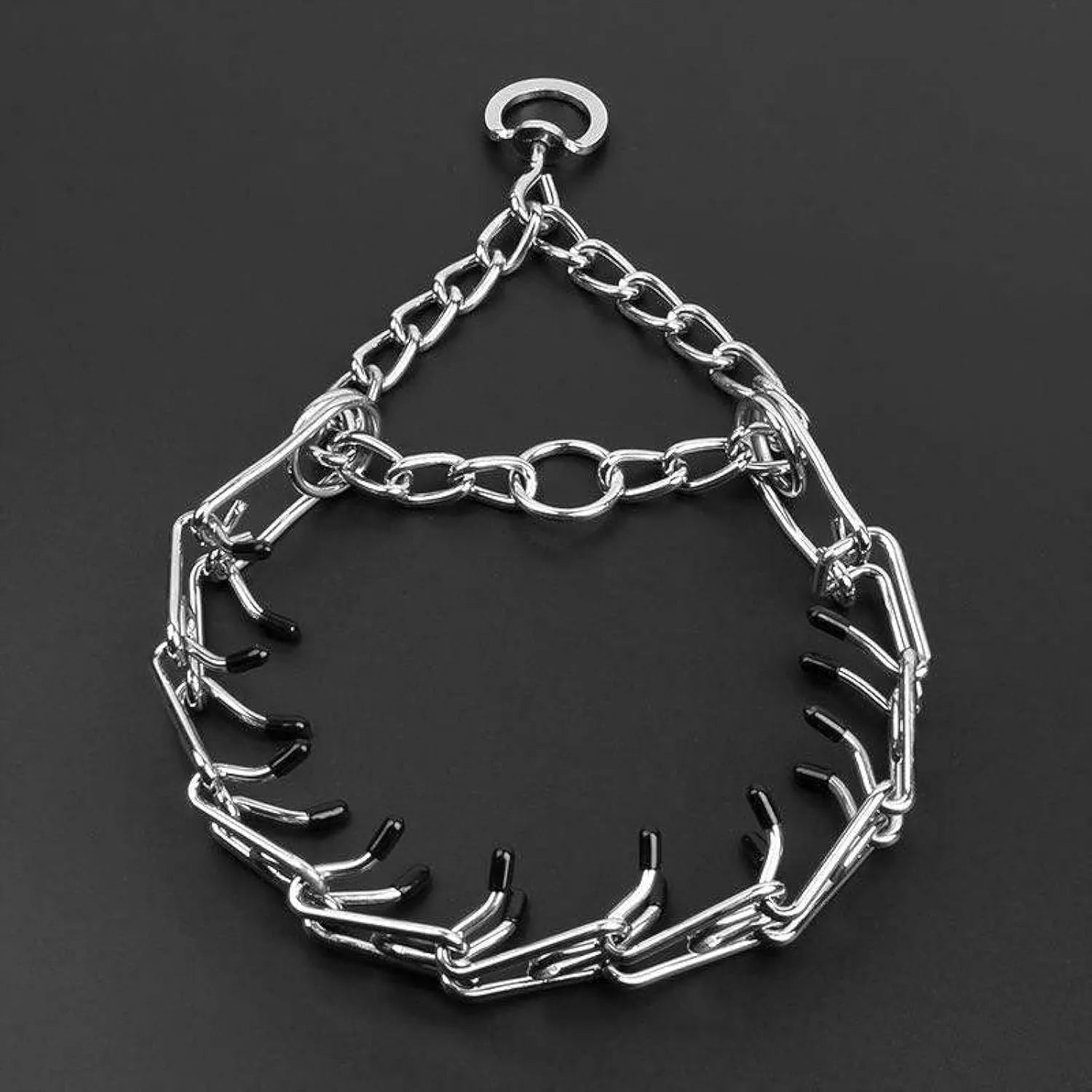 Stainless steel dog prong training collar with round head links and comfort rubber tips