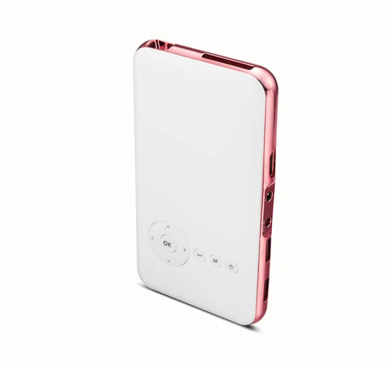 White and rose gold miniature portable DLP Android projector with compact design measuring 145x80mm