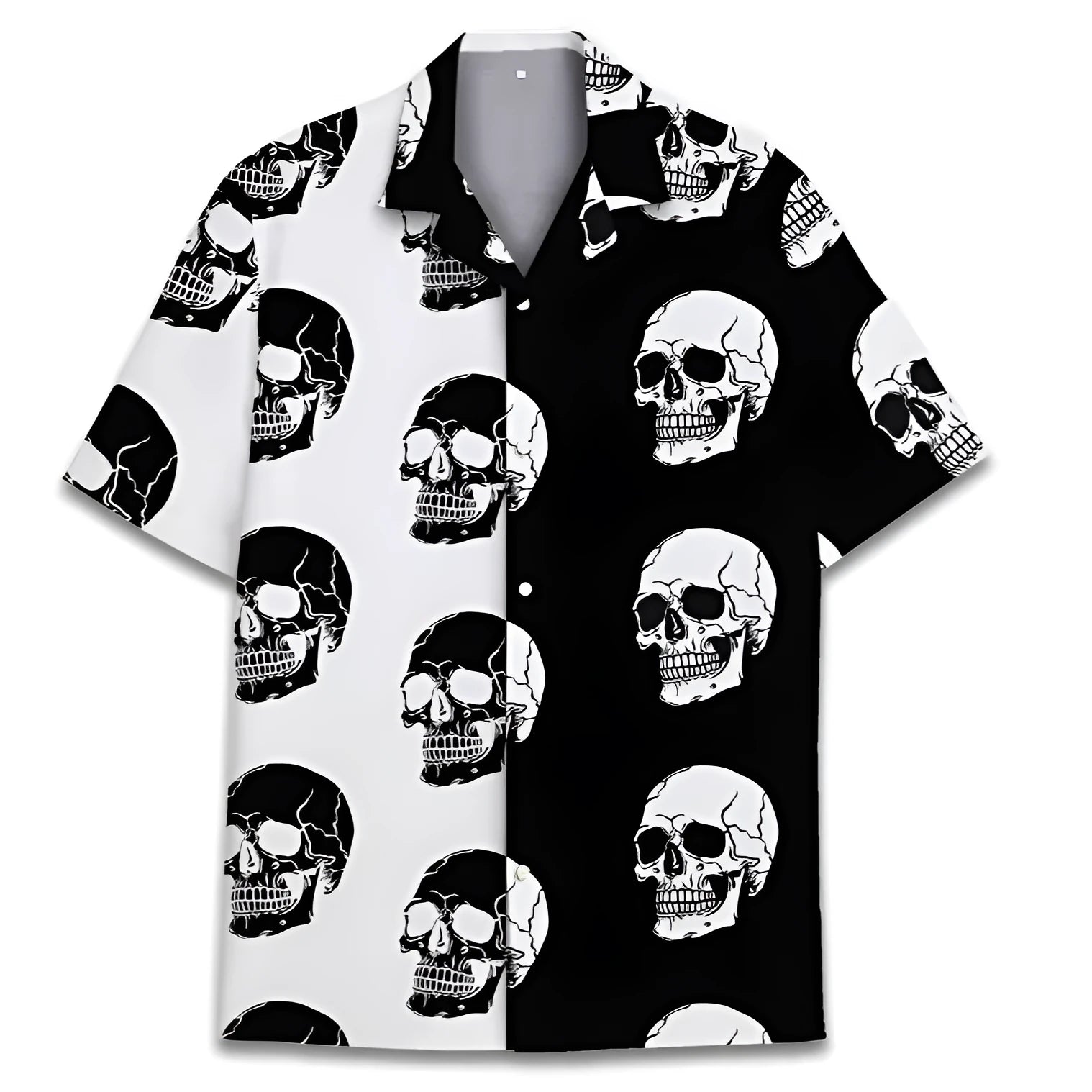 Men's short sleeve Cuban collar Hawaiian shirt in a patterned digital print on polyester fabric.