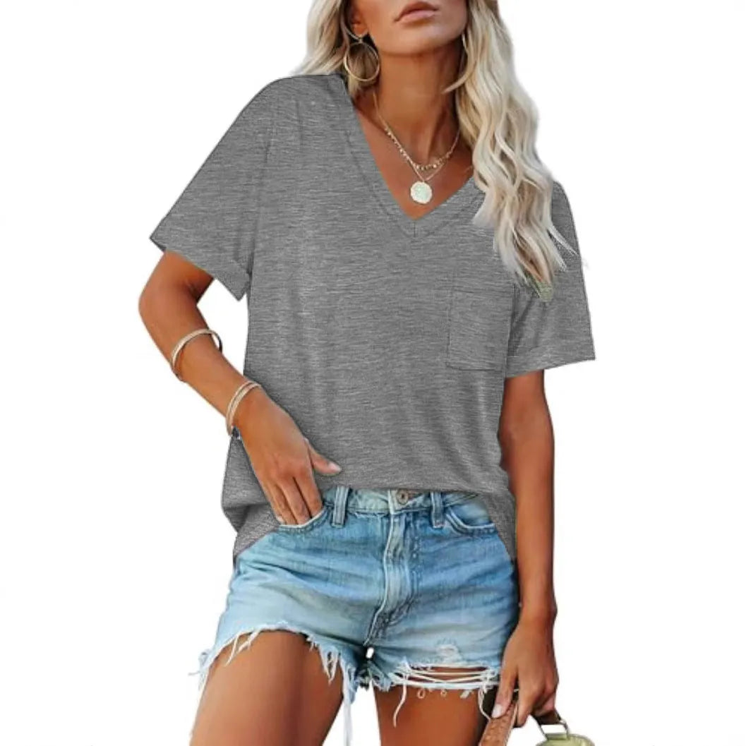 Grey loose fit V-neck T-shirt with short sleeves and a front chest pocket.