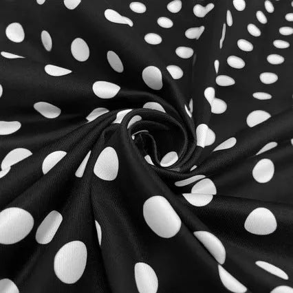 Multicolour polka dot dress with a square collar, short sleeves, pleated skirt, and a front zipper.