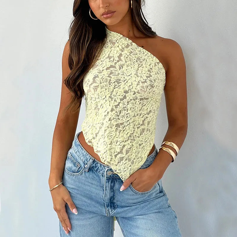 Women's sleeveless lace backless top with asymmetrical neckline in solid colour