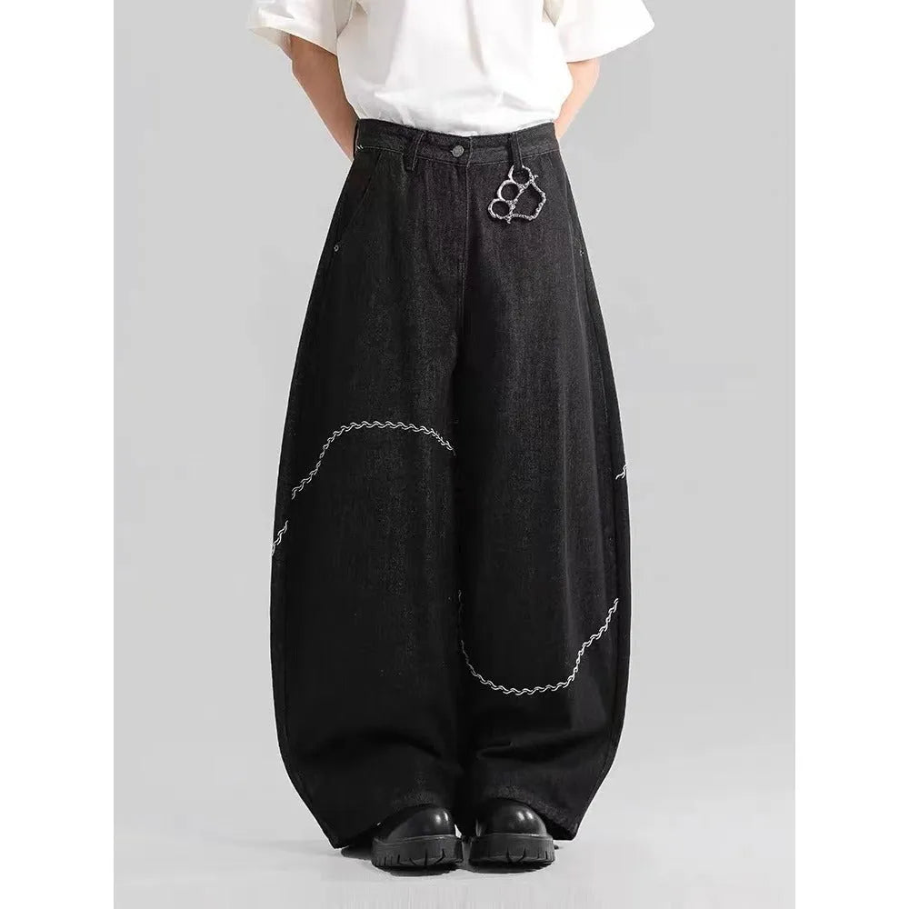 Black straight-leg trousers with zip fly placket and mid-waist design
