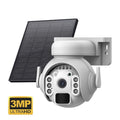 Solar security camera in camouflage finish with solar panel and lens visible