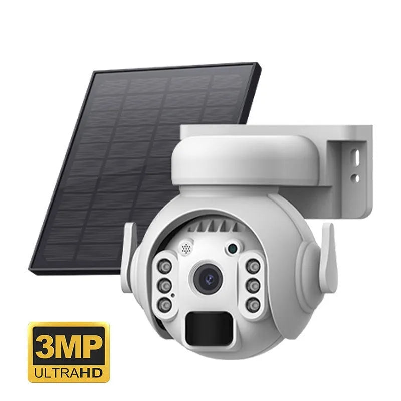 Solar security camera in camouflage finish with solar panel and lens visible