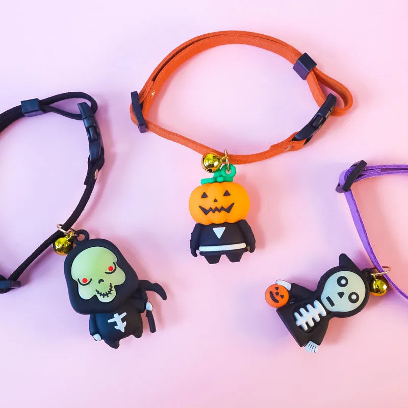 Halloween dog collar with glow-in-the-dark cartoon design in multiple sizes for pet costumes