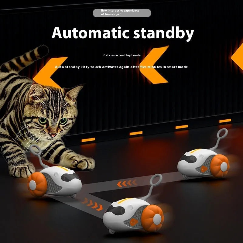 Blue and orange remote control cat toys with feather attachments and charging cable
