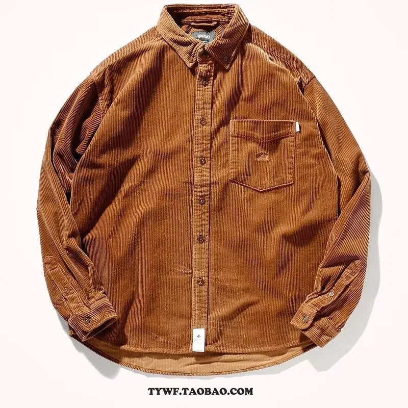 Loose fit caramel corduroy shirt with long sleeves in a Japanese Hong Kong cardigan style.