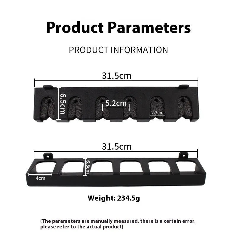 Black ABS plastic wall-mounted fishing rod holder bracket for upright or horizontal storage.