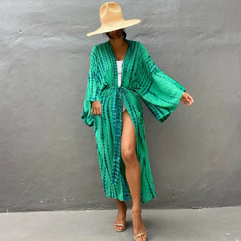 Women's loose printed cotton beach cover-up blouse with ruffle long sleeves in solid colour