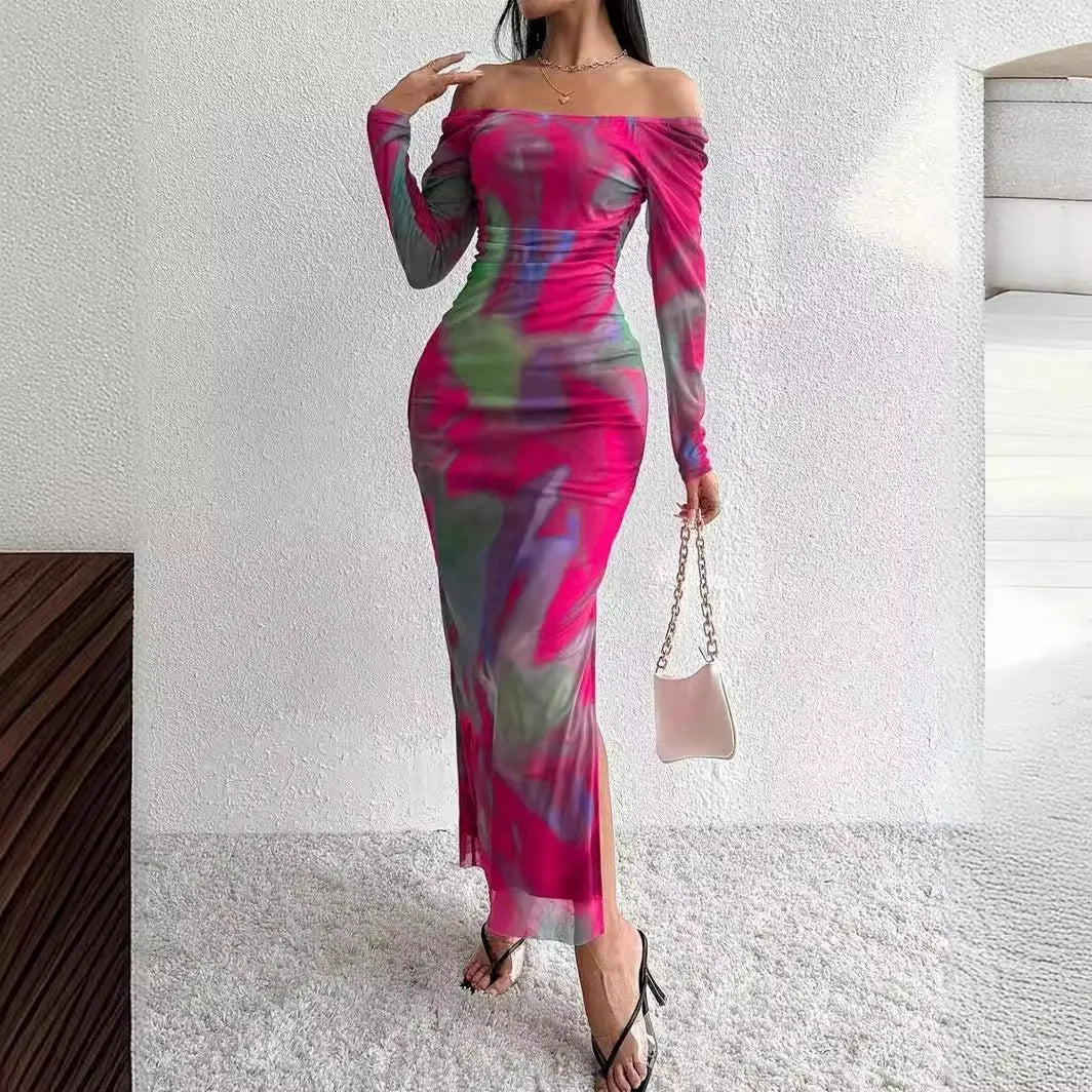 Green gradient women's fishtail mesh dress with a square collar and side split.