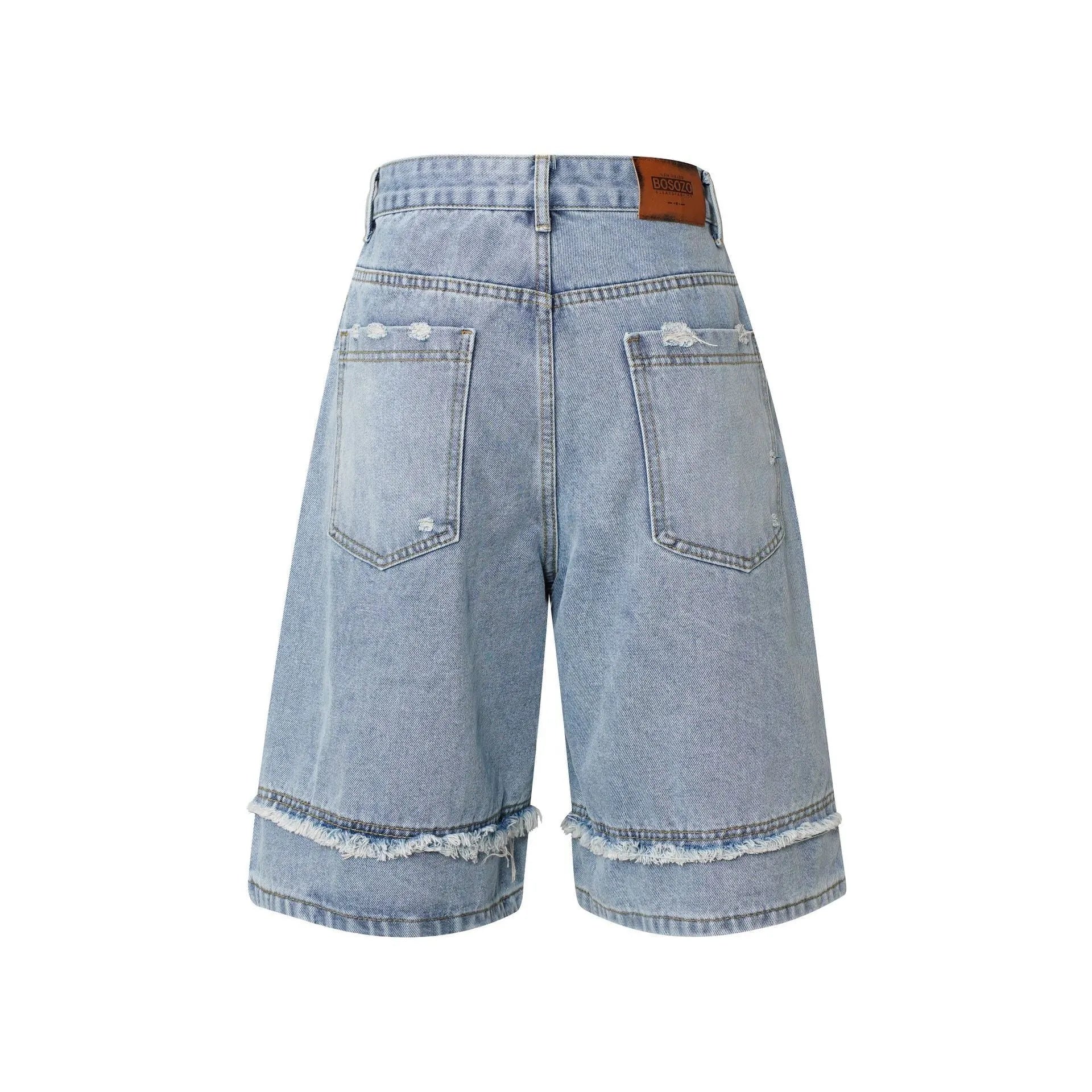 Men's distressed light blue denim shorts with raw edge detailing and a straight leg cropped cut.