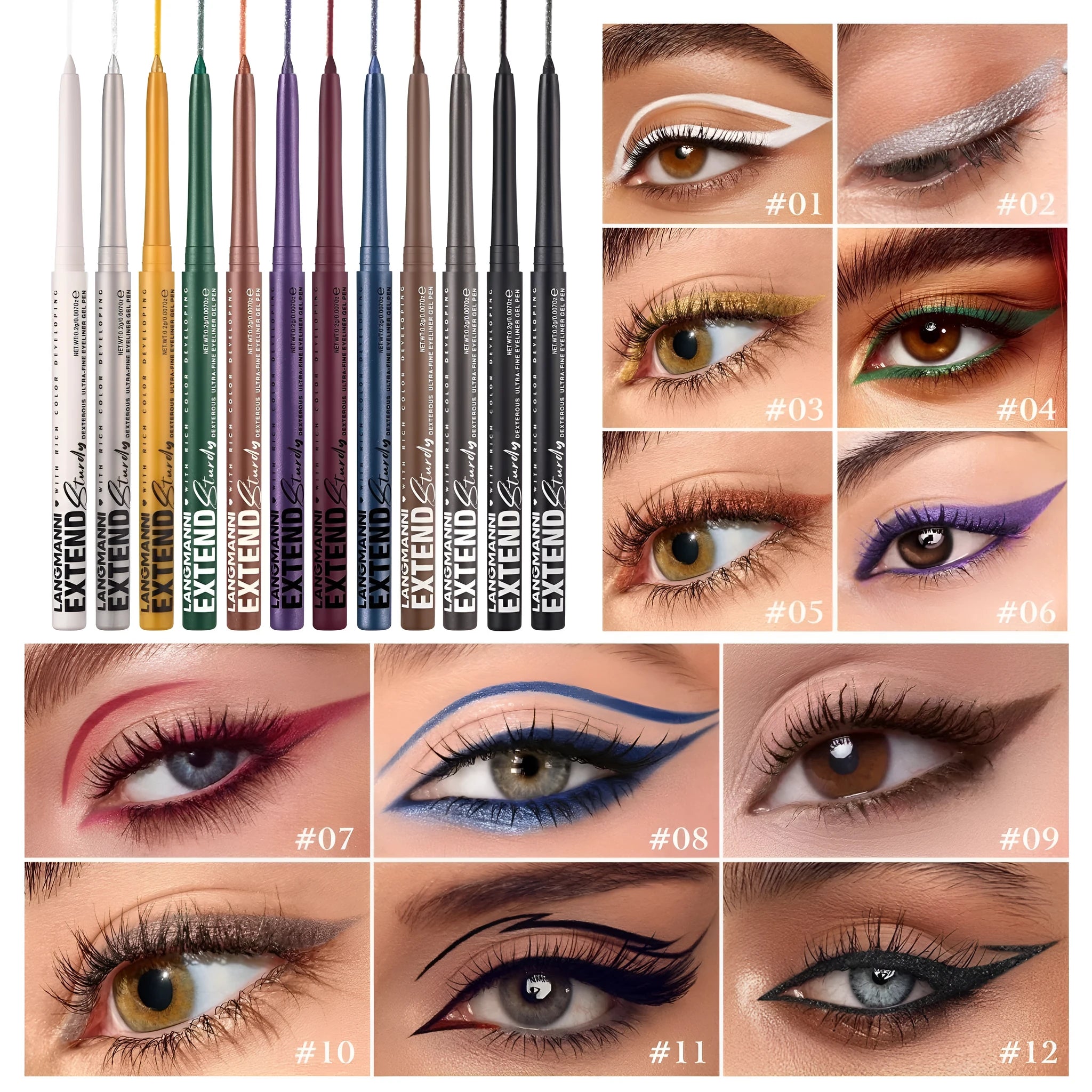 Set of 12 colourful gel glitter eyeliner pencils with metallic, pearl, and matte finishes