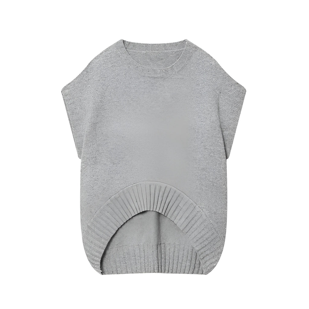 Women's gray knitted oversized vest sweater with contrast stripes, front view, pullover style