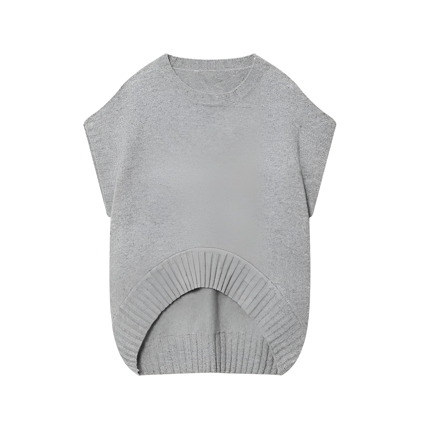 Women's gray knitted oversized vest sweater with contrast stripes, front view, pullover style