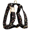 A cloth dog collar set with a removable bow, matching leash, and vest, featuring printed lettering.