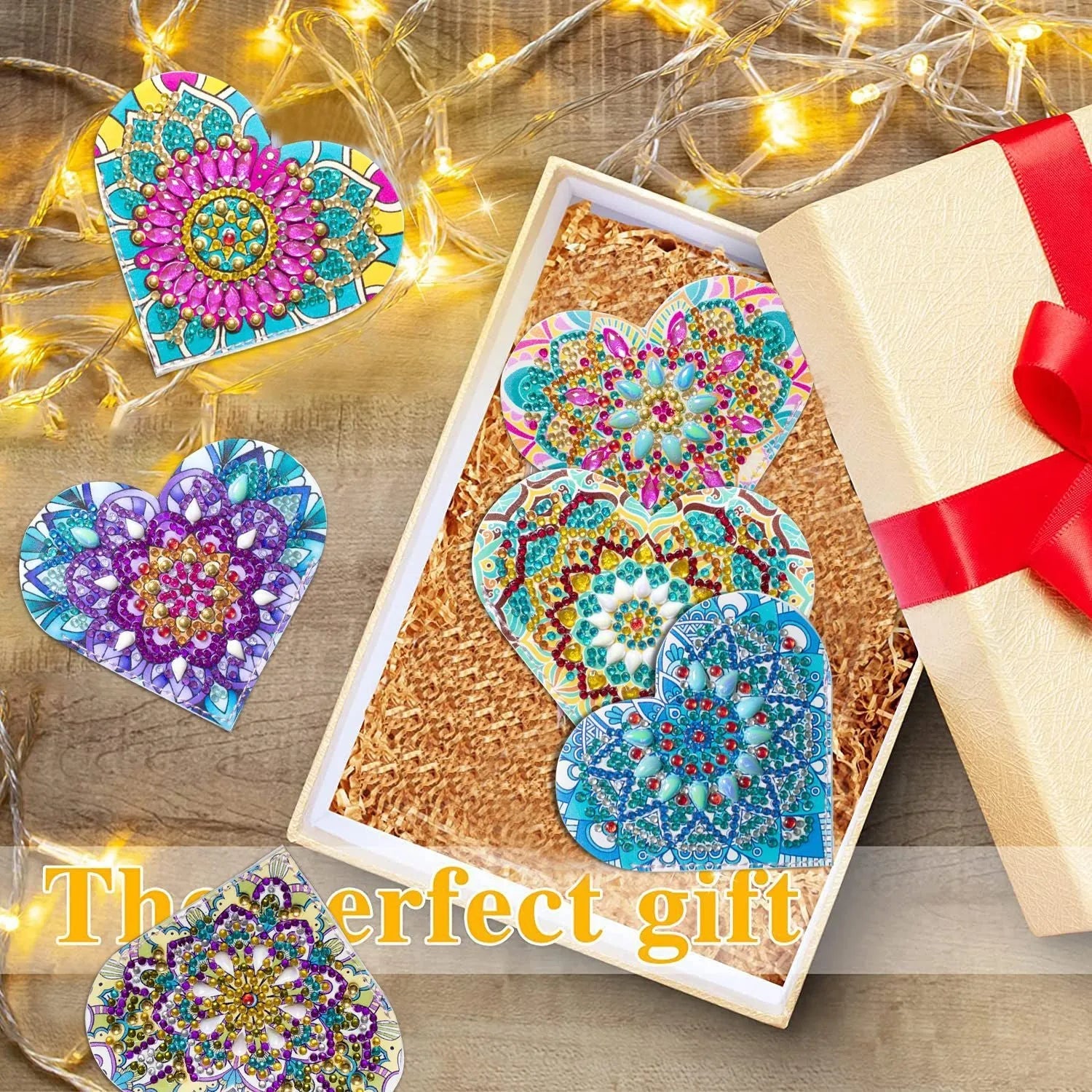 Set of six PU leather handmade bookmarks with flower cornerite shapes and stick-on crystals.