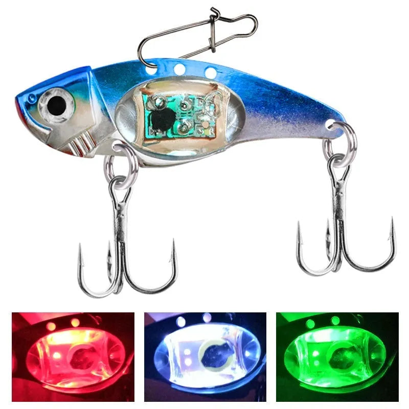 Electronic fishing lure with luminous metal vib body in blue and red colour options