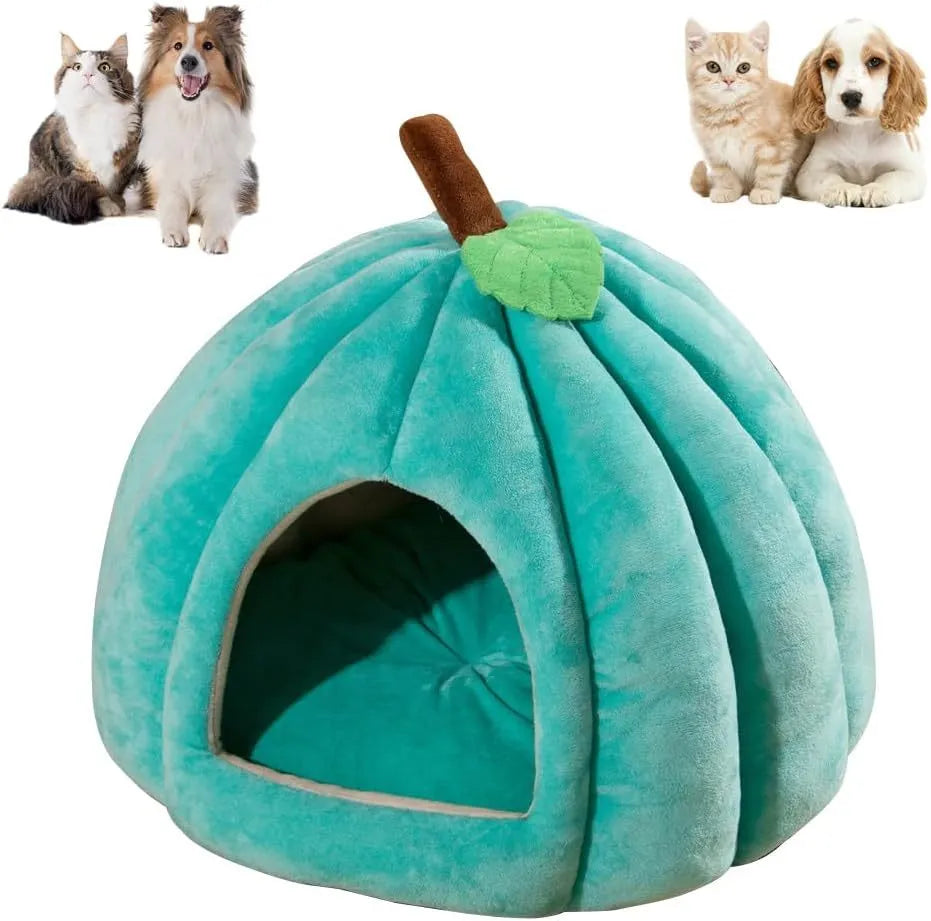Pumpkin-shaped plush cat cave bed with a round opening, shown in grey colour.