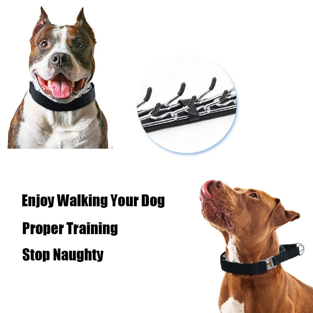 Dog training stimulation chain collar with stainless steel prongs on a padded nylon band.