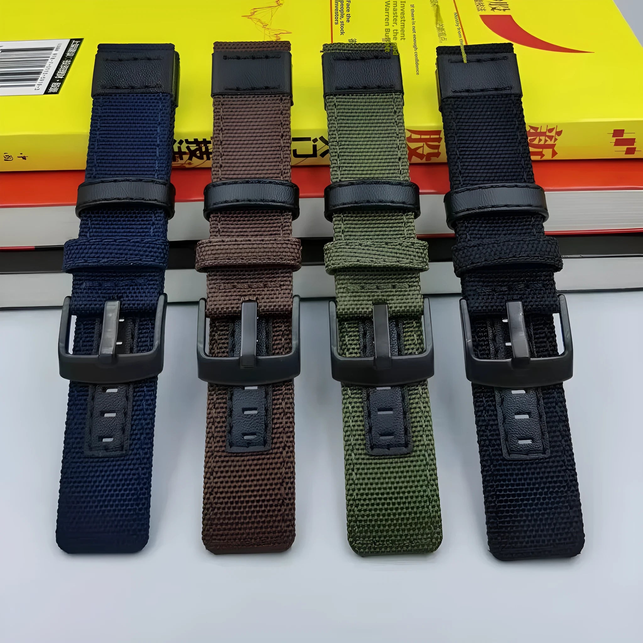 Oxford cloth canvas watch strap with quick-release bars shown in camouflage colour.