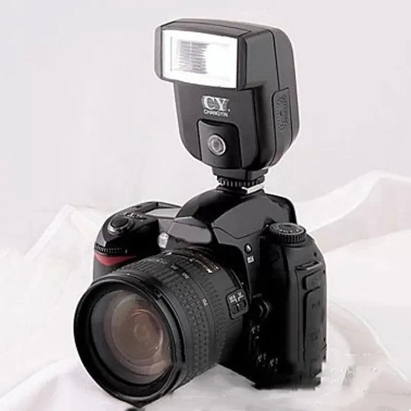 SLR camera flash accessory with tilting head shown on black background