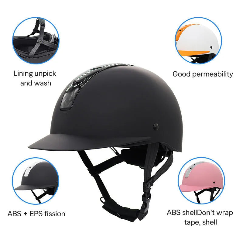 Super light summer equestrian riding helmet in ABS EPS material showing colour options including bright black and silver pink