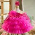 Rose red baby dress for one year old, polyester fibre, full length view on child, size 80-160cm