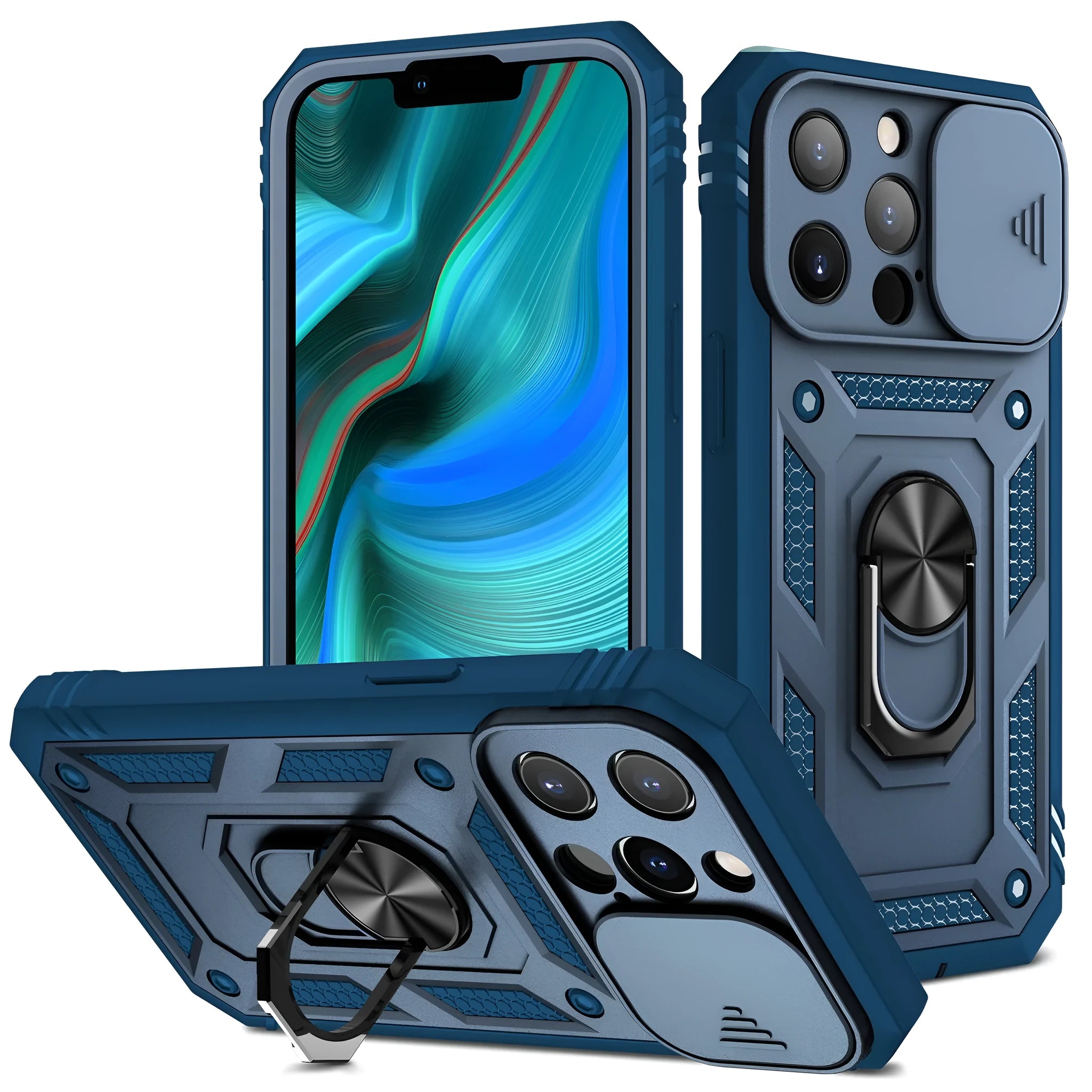 Clear magnetic iPhone case with extended sliding stand bracket in sapphire blue colour