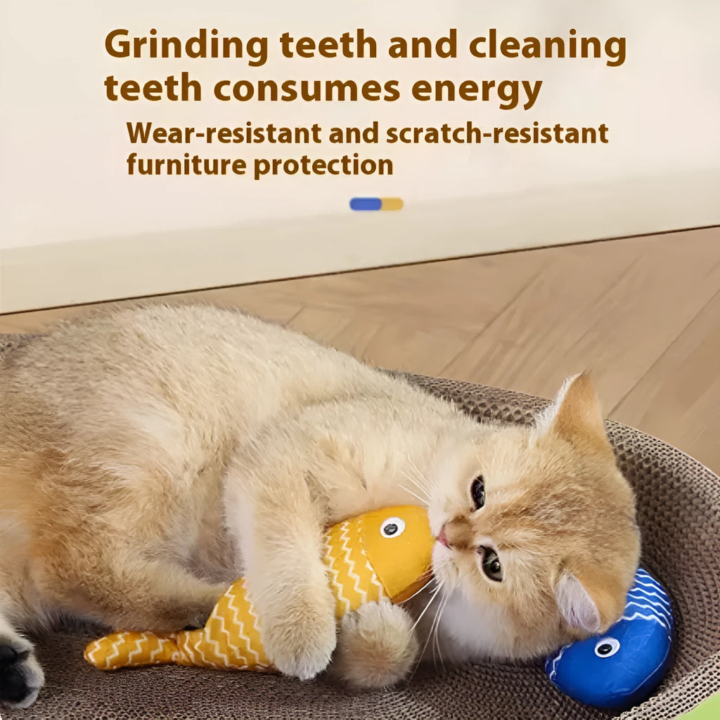 Yellow catnip fish plush chew toy for cats lying on a wooden floor.